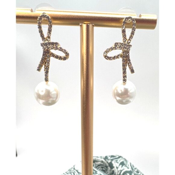 2/$24 Elegant Bow Pearl Drop Earrings With Rhinestone Accents Gold-Tone Finish - Picture 3 of 6
